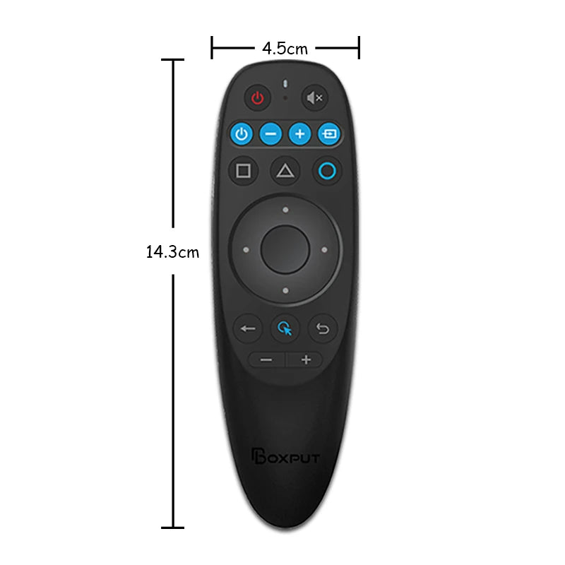 Black wireless gyro air mouse remote with backlit keys and voice control features