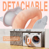 A detachable pillow tablet and Kindle stand with soft plush fabric shown next to a washing machine.