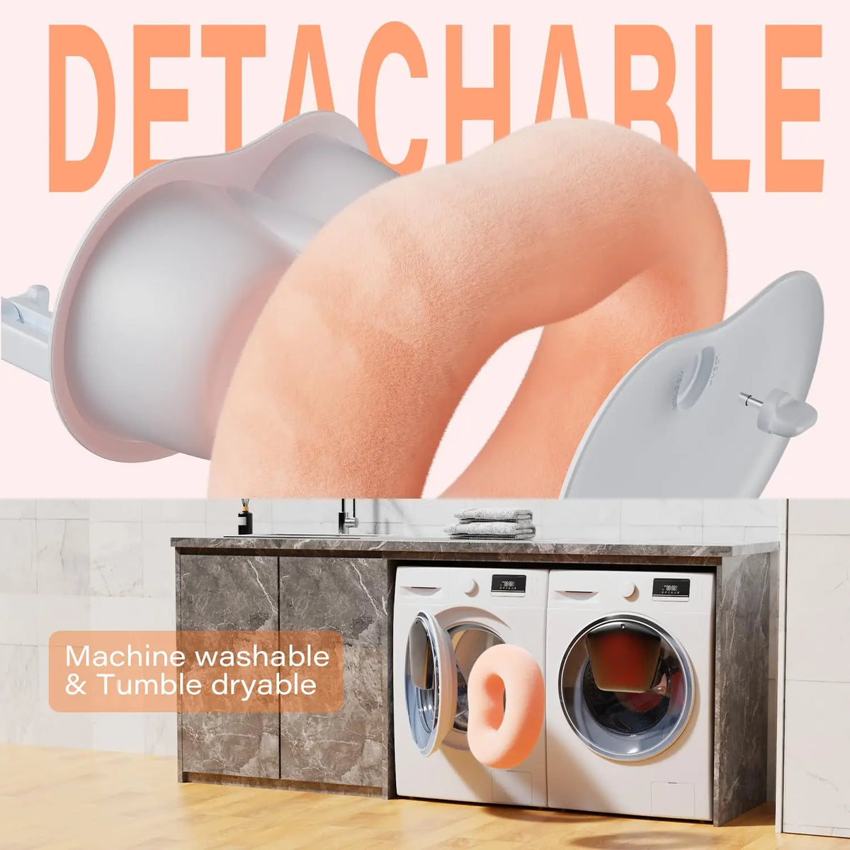 A detachable pillow tablet and Kindle stand with soft plush fabric shown next to a washing machine.