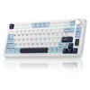 A white mechanical keyboard with light blue keycaps and RGB backlighting is shown on a reflective surface.