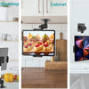 Aluminum wall mount tablet holder with a 360-degree swivel arm mounted on a kitchen cabinet.