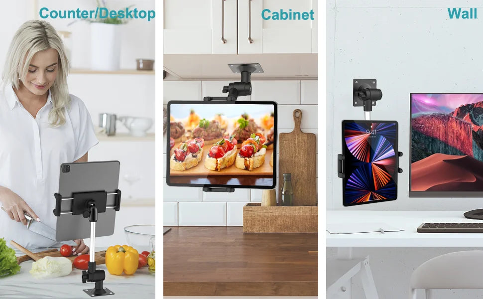 Aluminum wall mount tablet holder with a 360-degree swivel arm mounted on a kitchen cabinet.