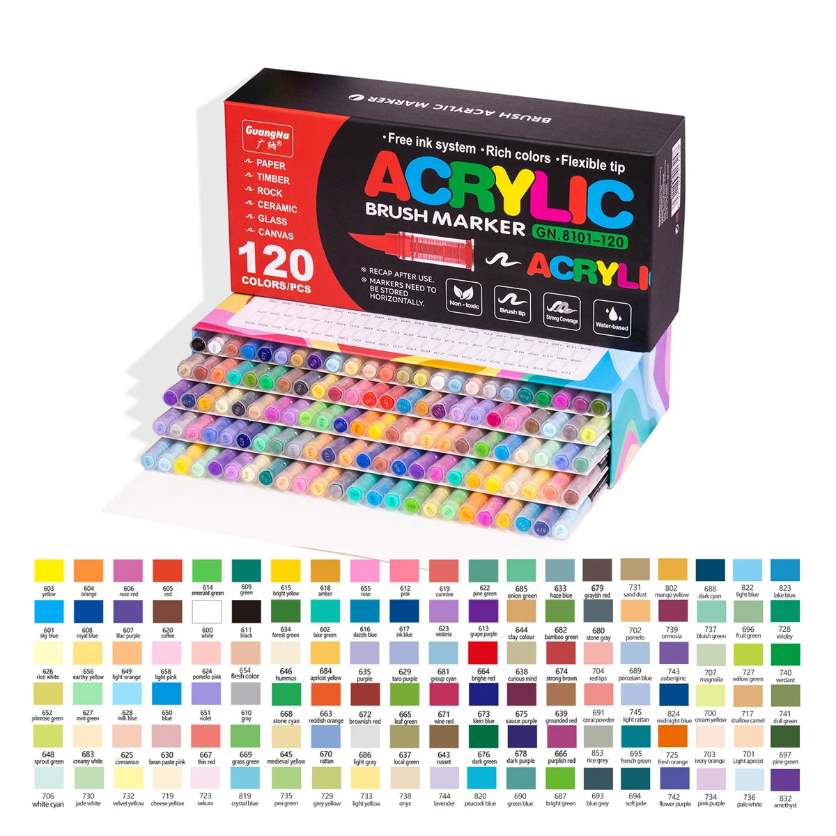 A box of 120 acrylic brush markers in various colors and a large assortment of individual markers.