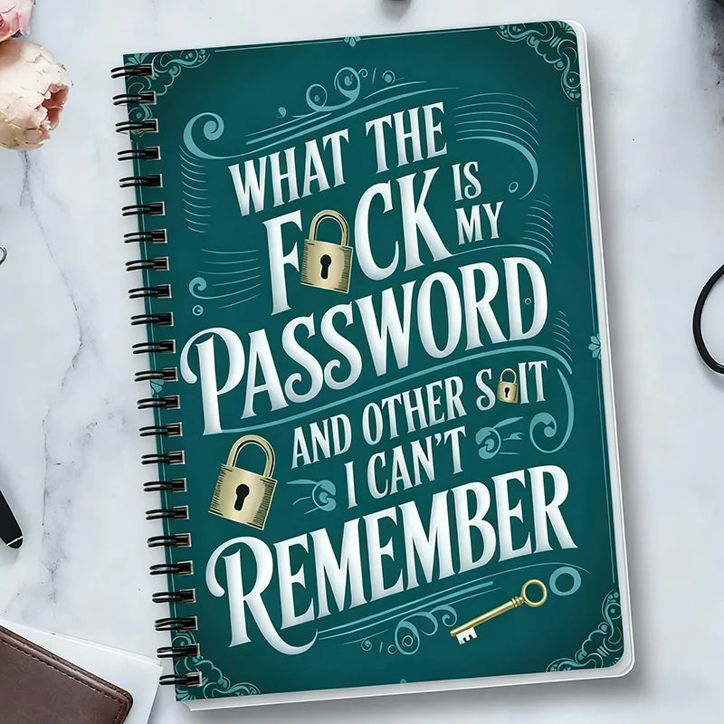 A green spiral notebook cover features white text asking what the user's password is and noting they cannot remember it.