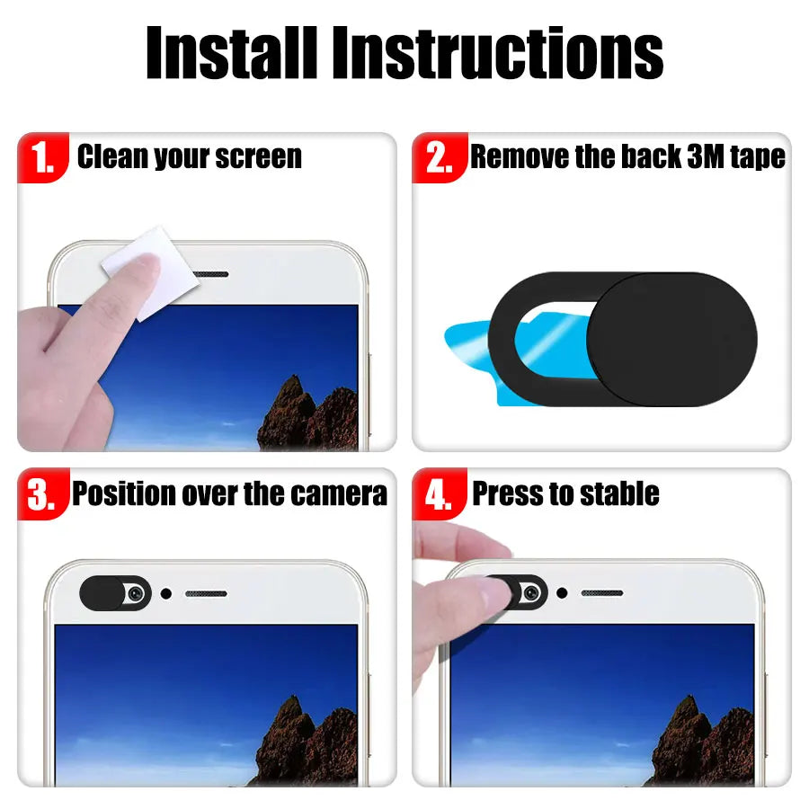 Installation instructions showing how to clean a screen, remove 3M tape, position over a camera, and press to stable.