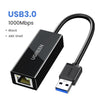 Black USB3.0 to Ethernet adapter with a black plastic shell and cable.