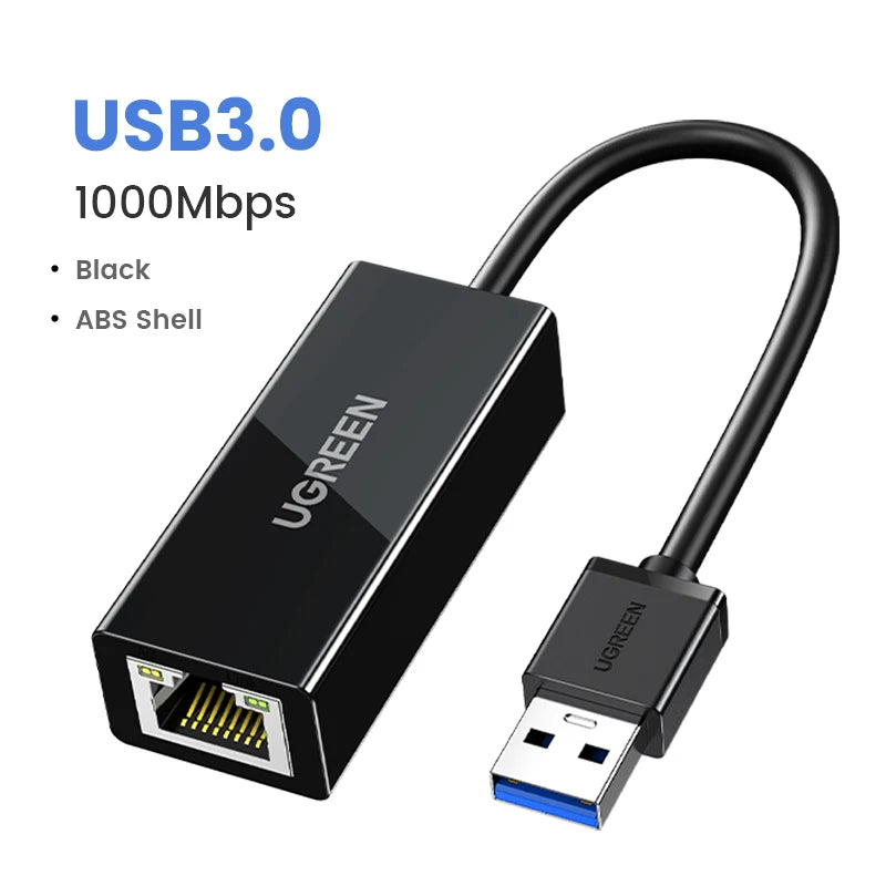 Black USB3.0 to Ethernet adapter with a black plastic shell and cable.