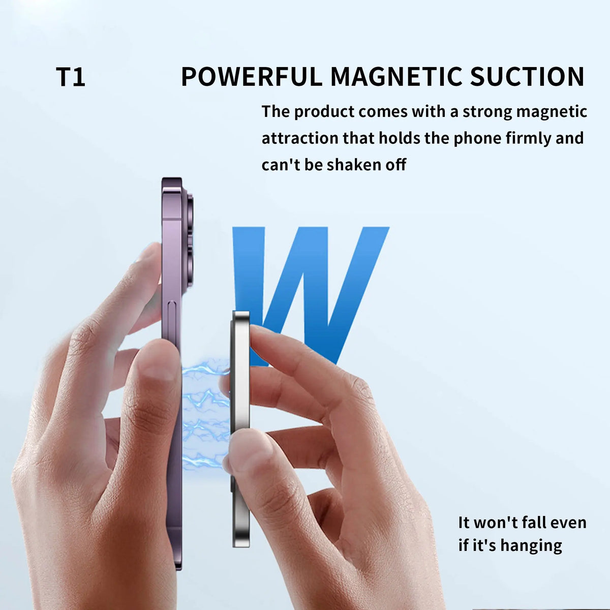 Hands hold a smartphone with a magnetic accessory attached, demonstrating strong magnetic suction.
