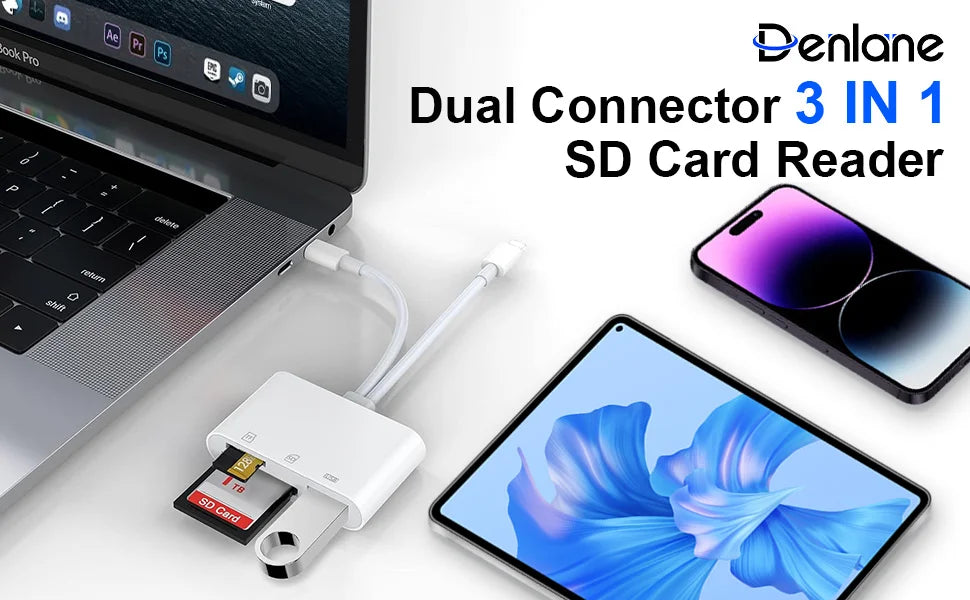 Dual Connector 3 in 1 SD Card Reader adapter for iPhone and iPad devices