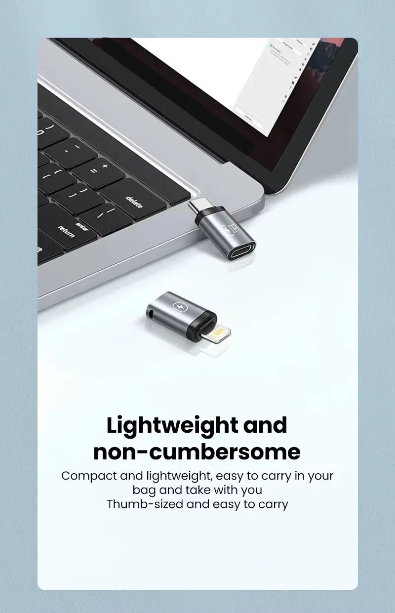 Kompakter silberner Adapter um Lightning-Geräte auf USB-C-Anschlüsse zu verbinden.