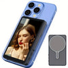 A light blue smartphone with a magnetic rear camera monitor attached, showing a woman's face.