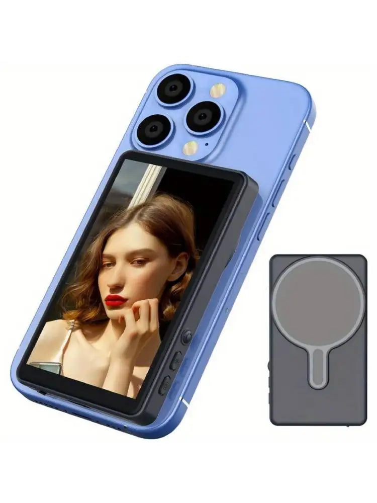 A light blue smartphone with a magnetic rear camera monitor attached, showing a woman's face.