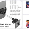A wall mount tablet holder with a metal drill base and a swivel arm, shown in various configurations.