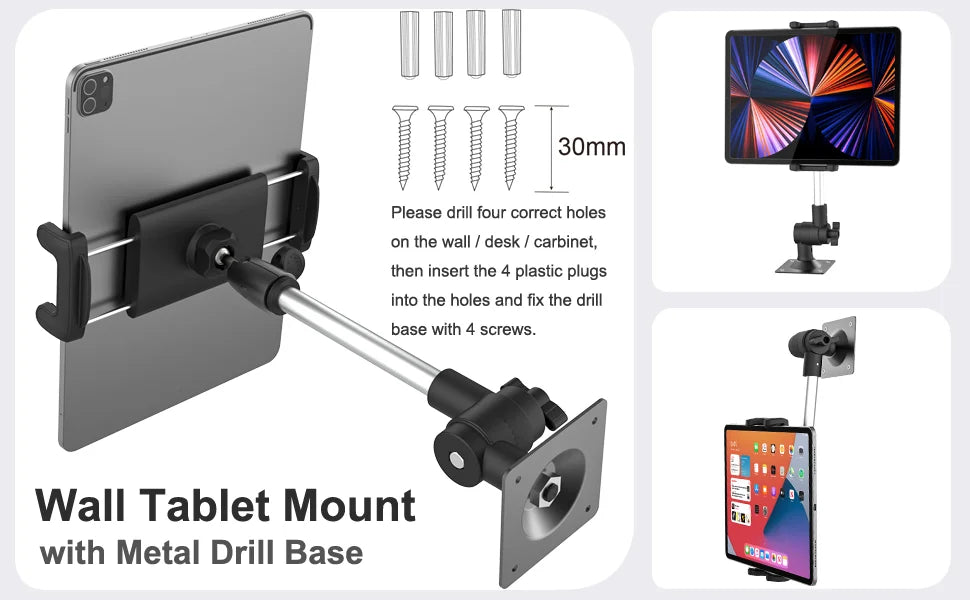 A wall mount tablet holder with a metal drill base and a swivel arm, shown in various configurations.