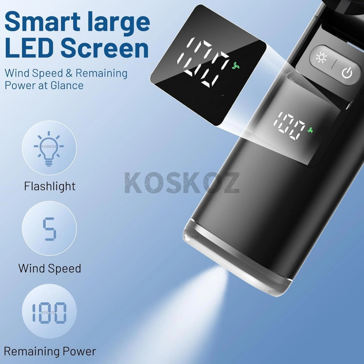 A black portable handheld turbo fan with a smart LED screen displaying wind speed and remaining power.