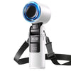 A white portable rechargeable handheld turbo fan with a blue light ring and black strap.