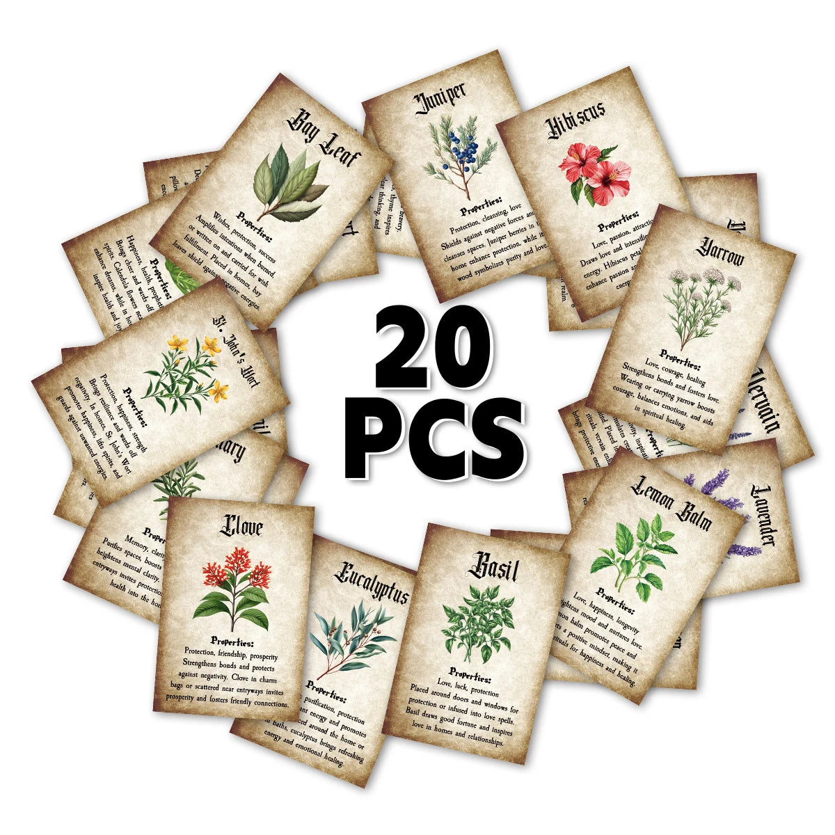 A circular arrangement of twenty botanical herbal reference cards featuring various plants and herbs for journaling or apothe