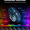 A black gaming mouse with blue accents and various DPI settings displayed below.