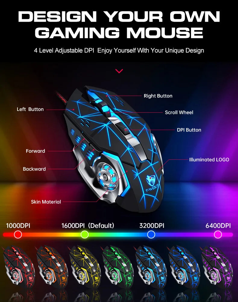 A black gaming mouse with blue accents and various DPI settings displayed below.