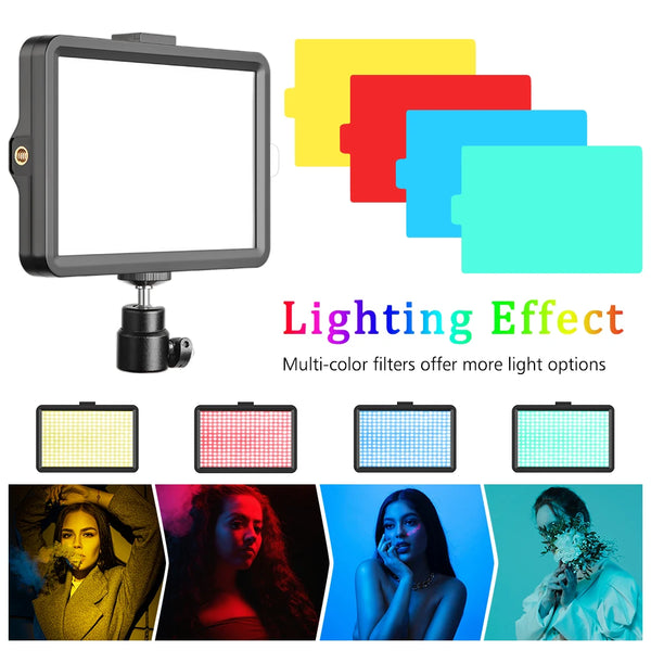 A multi-color lighting effect product featuring various colored LED panels and examples of its use on subjects.