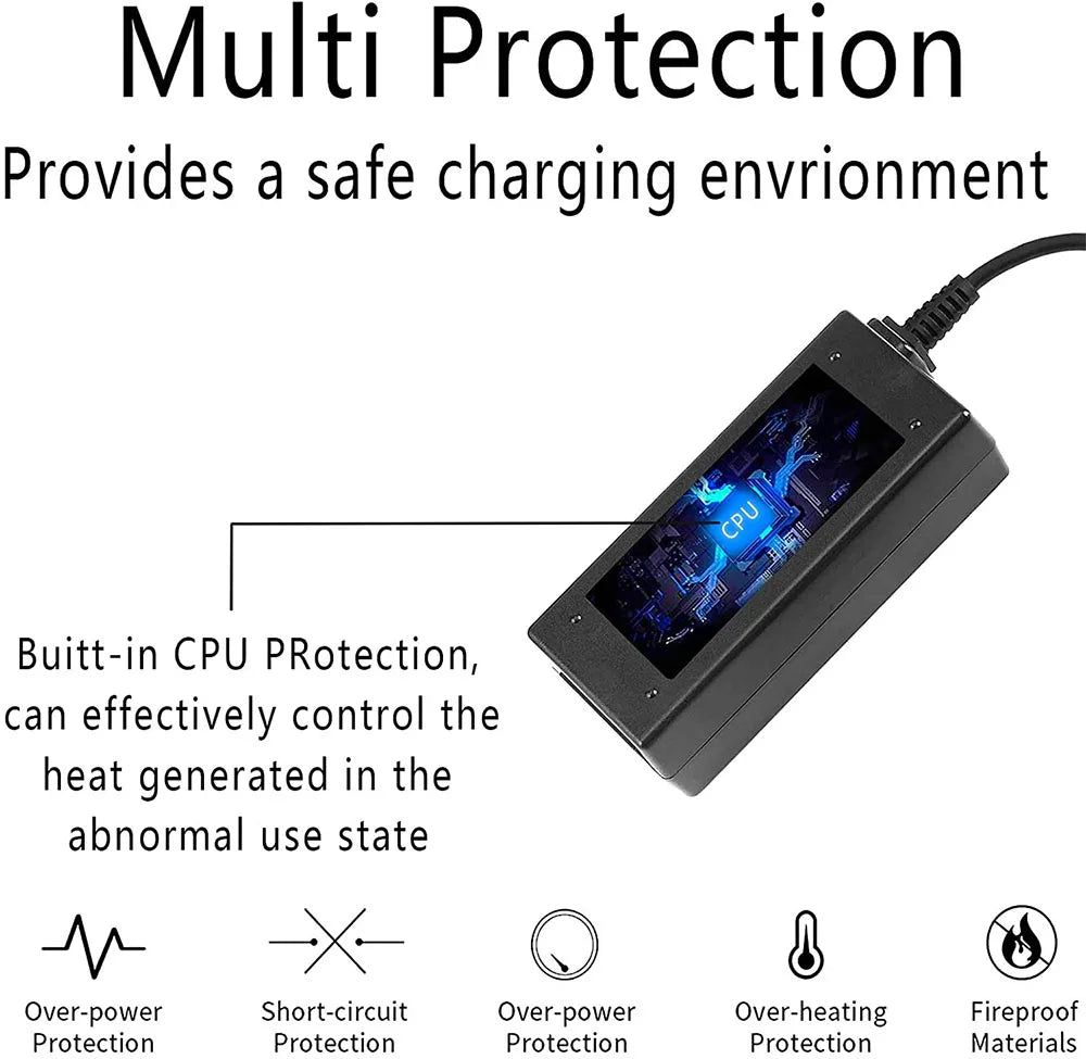 A black multi protection device for a safe charging environment, featuring built-in CPU protection and short-circuit protecti