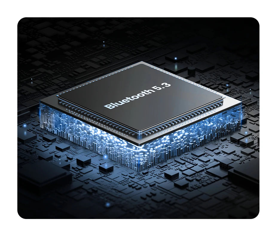 A close-up view of a Bluetooth 5.3 chip mounted on a dark circuit board with blue light accents.