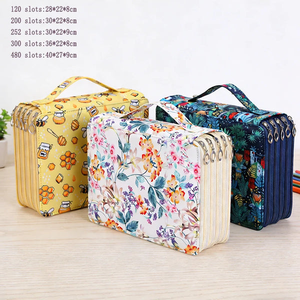A collection of colorful pencil cases in various sizes and patterns, including floral and geometric designs.