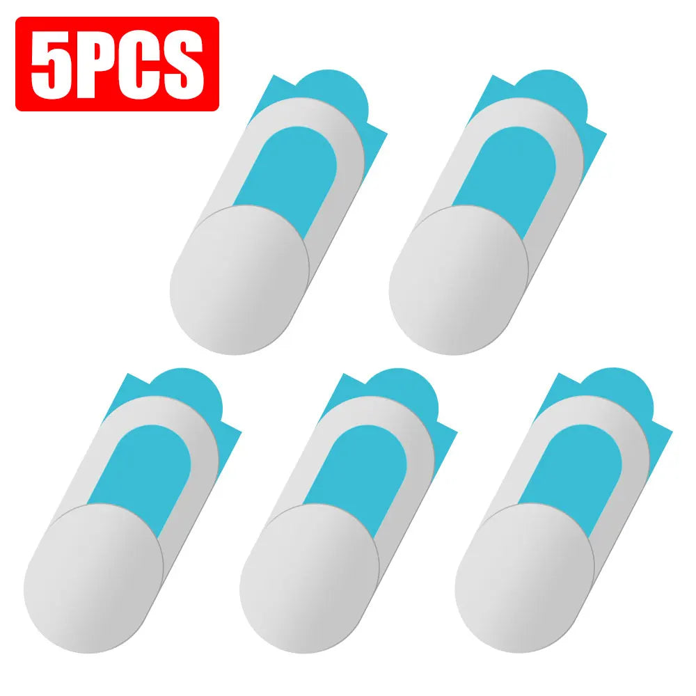 Five blue privacy webcam covers designed to protect laptop and phone cameras