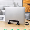 A silver vertical laptop stand is shown on a wooden desk with features like a vertical design, aluminum alloy, adjustable wid