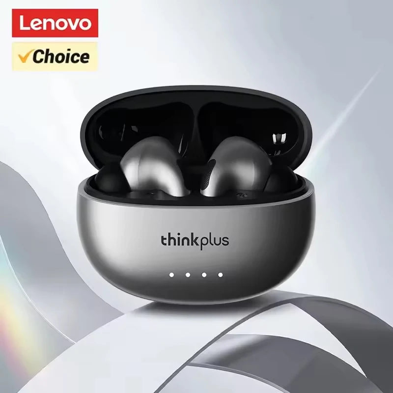 A pair of silver Lenovo thinkplus true wireless earbuds displayed in their charging case.