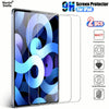 Two clear tempered glass screen protectors for an iPad, showing various protection features.