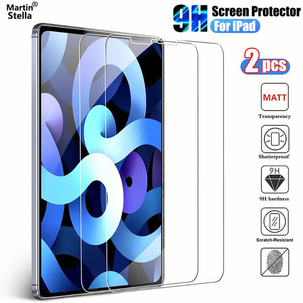 Two clear tempered glass screen protectors for an iPad, showing various protection features.