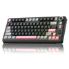 A black mechanical keyboard with pink and yellow keycaps and RGB lighting is shown on a white surface.