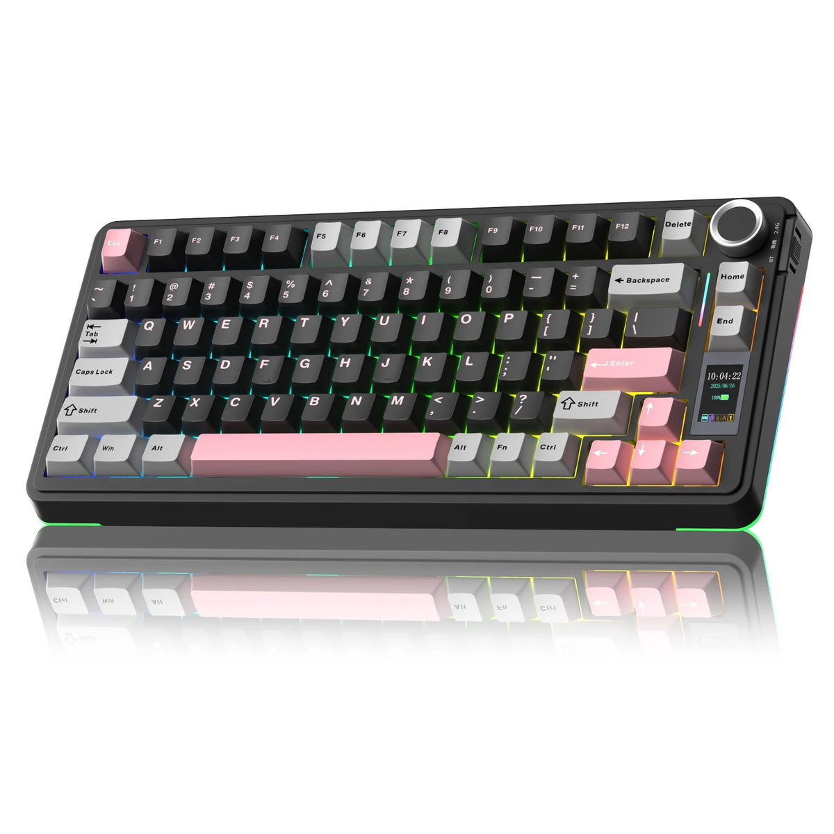 A black mechanical keyboard with pink and yellow keycaps and RGB lighting is shown on a white surface.