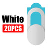 White privacy webcam covers for laptop and phone, shown as a stack of round plastic protectors.