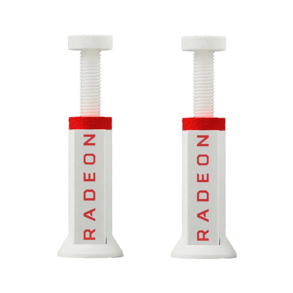 A pair of white adjustable GPU support brackets with red accents.