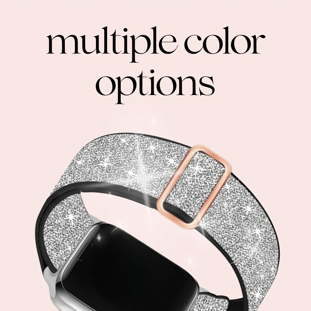 A close-up of a silver glitter nylon strap for an Apple Watch, showing multiple color options.