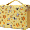 A yellow pencil case with a bee pattern and multiple compartments.