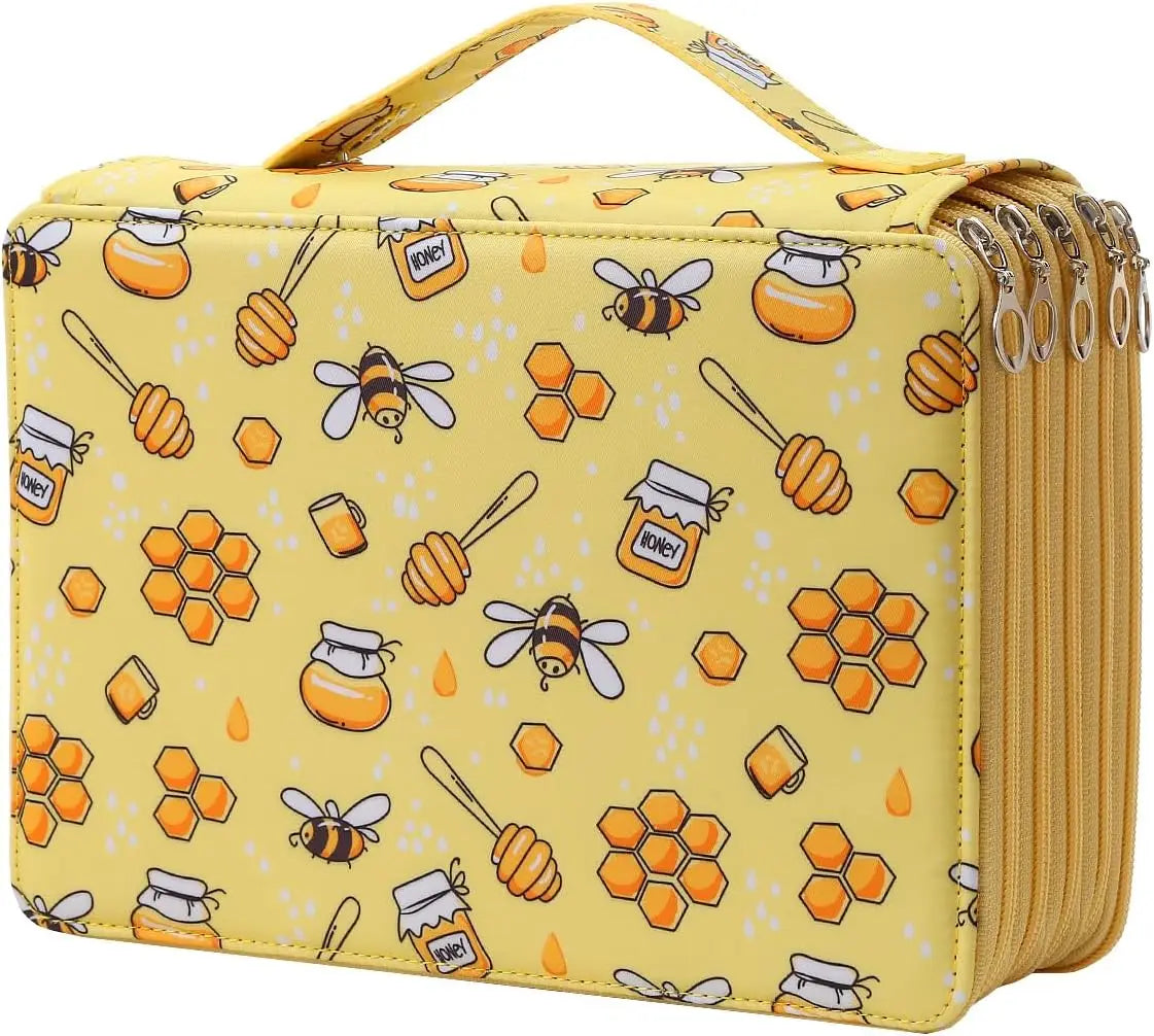 A yellow pencil case with a bee pattern and multiple compartments.