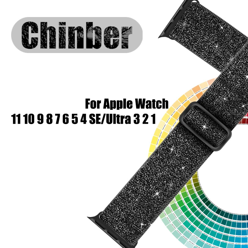 Black glitter nylon strap for Apple Watch, featuring a textured, sparkling finish.