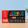A box of 168 colors of acrylic brush markers with various tips and ink systems for DIY crafts