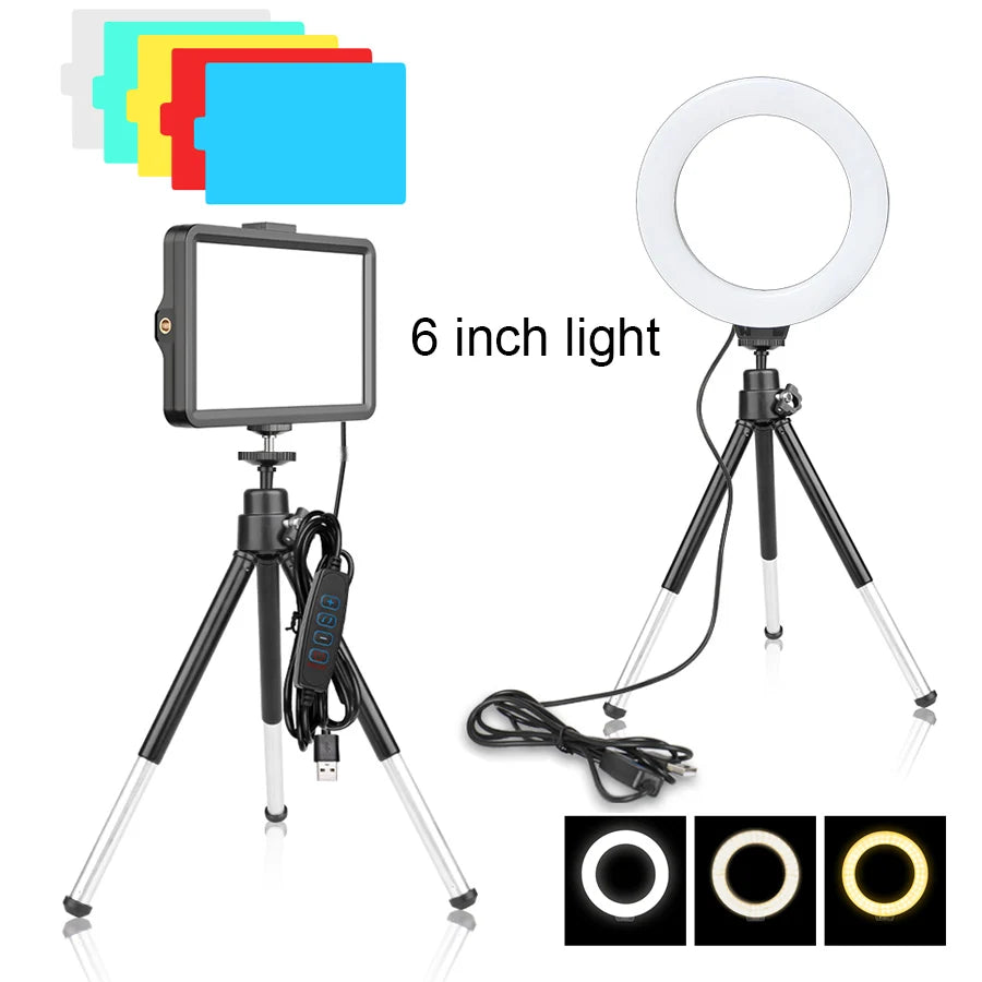A tripod-mounted 6 inch light with multiple colored light panels and a circular LED light head.