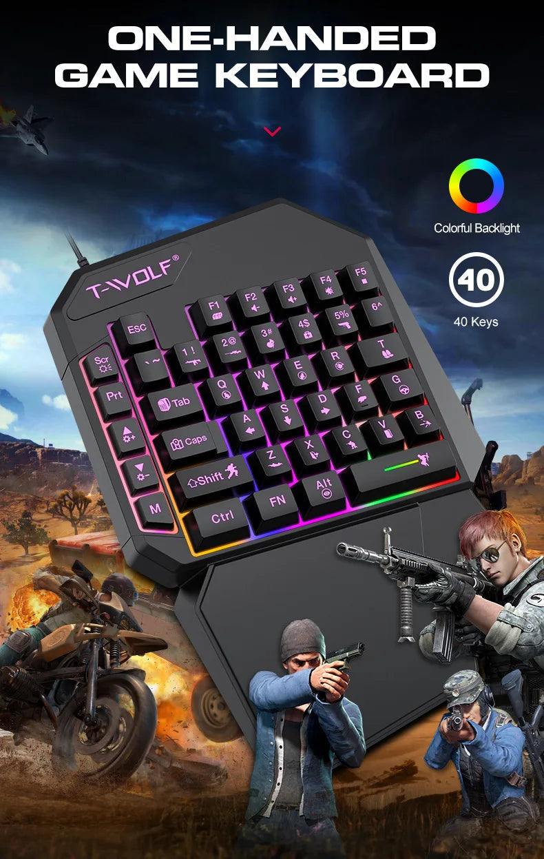 A black T-VOLF one-handed game keyboard with colorful backlight shown against a backdrop of intense combat scenes.