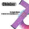 A purple glitter nylon strap for an Apple Watch, branded Chinber.