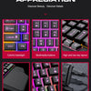 A display showing features of a 3-in-1 mobile gaming keyboard and mouse combo including colorful backlight, multimedia button