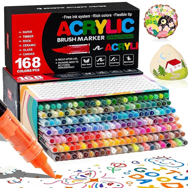 Une boîte de 168 marqueurs à pinceaux acryliques et un grand set de 120 stylos de couleur pour les loisirs créatifs