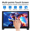 A hand touches a multi-points touch screen display showing an action scene.