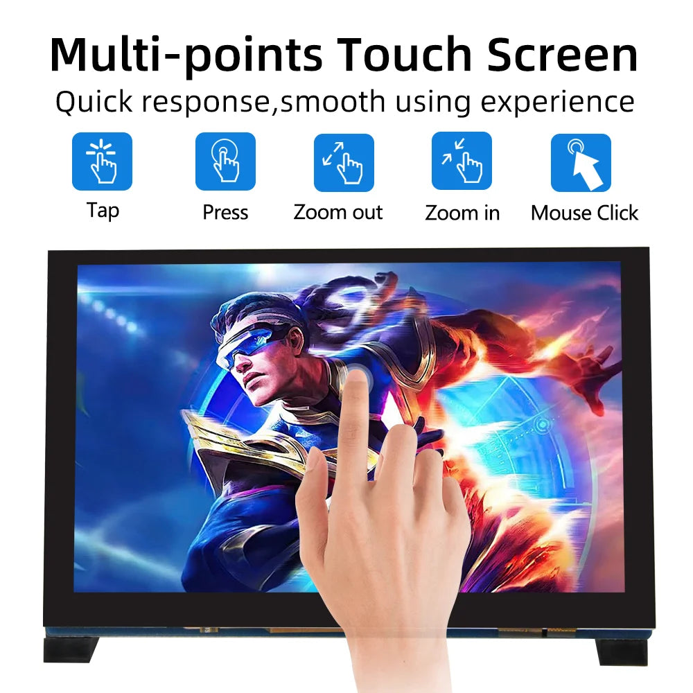 A hand touches a multi-points touch screen display showing an action scene.