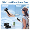A 3 in 1 multifunctional fan showing handheld, neck, and desk versions of a portable rechargeable fan.