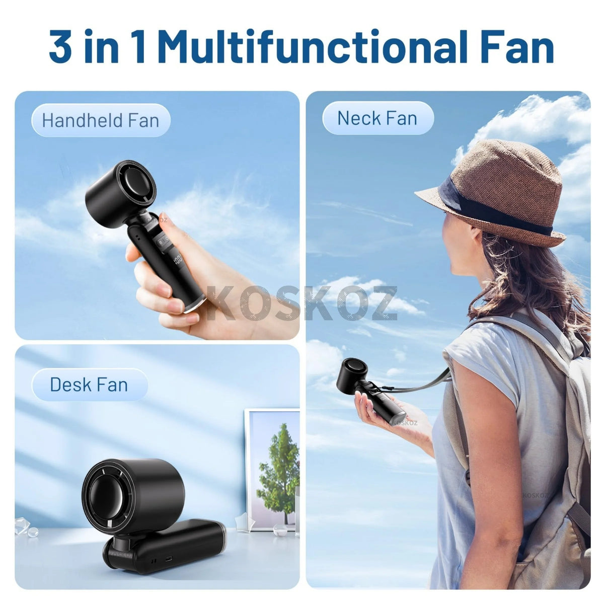 A 3 in 1 multifunctional fan showing handheld, neck, and desk versions of a portable rechargeable fan.
